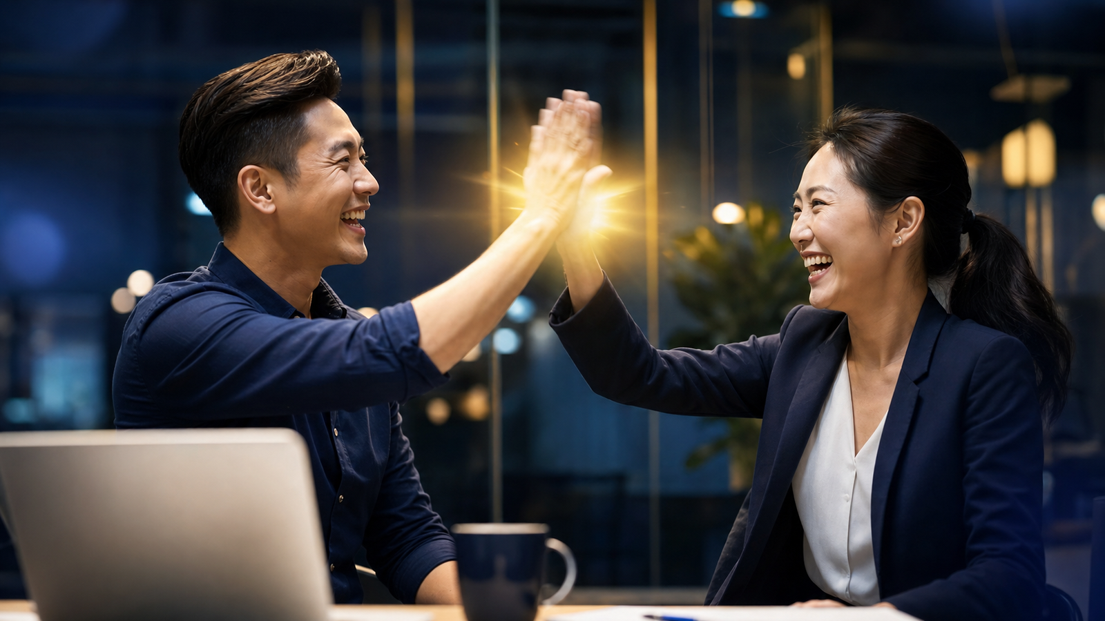 Hai đồng nghiệp ăn mừng thành công trong kinh doanh