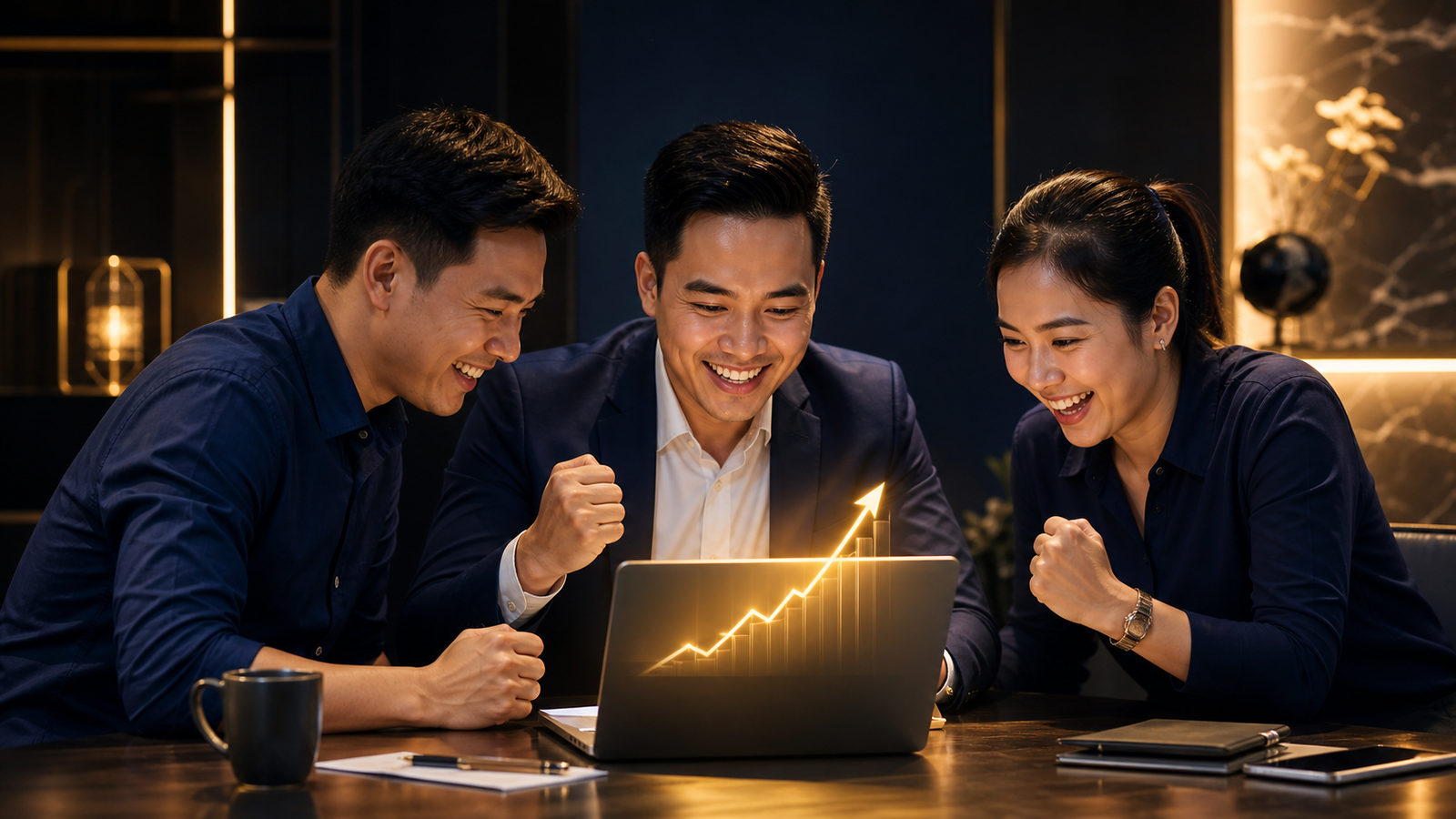 Đội ngũ kinh doanh ăn mừng khi thấy doanh thu tăng trên màn hình